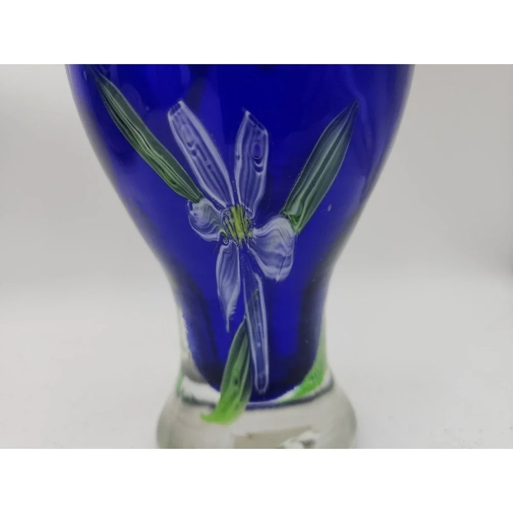 Art Glass Vase Cobalt Blue With White Flower 10